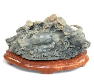 Chinese Soapstone Boys with Ox Carving.