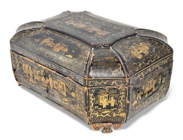 Chinese Qing Dynasty Black Lacquer Sewing Box.