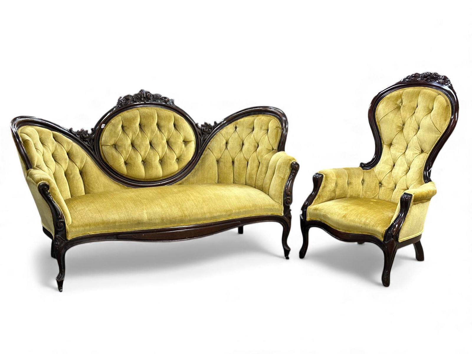 Antique Victorian Cameo Back Settee & Chair. (1 of 15)