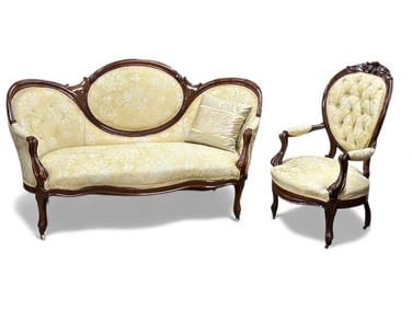 Victorian Cameo Back Settee & Carved Armchair.