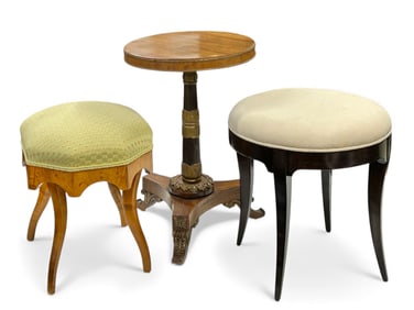 Biedermeier Stool, Mahogany Stool & Empire Table.