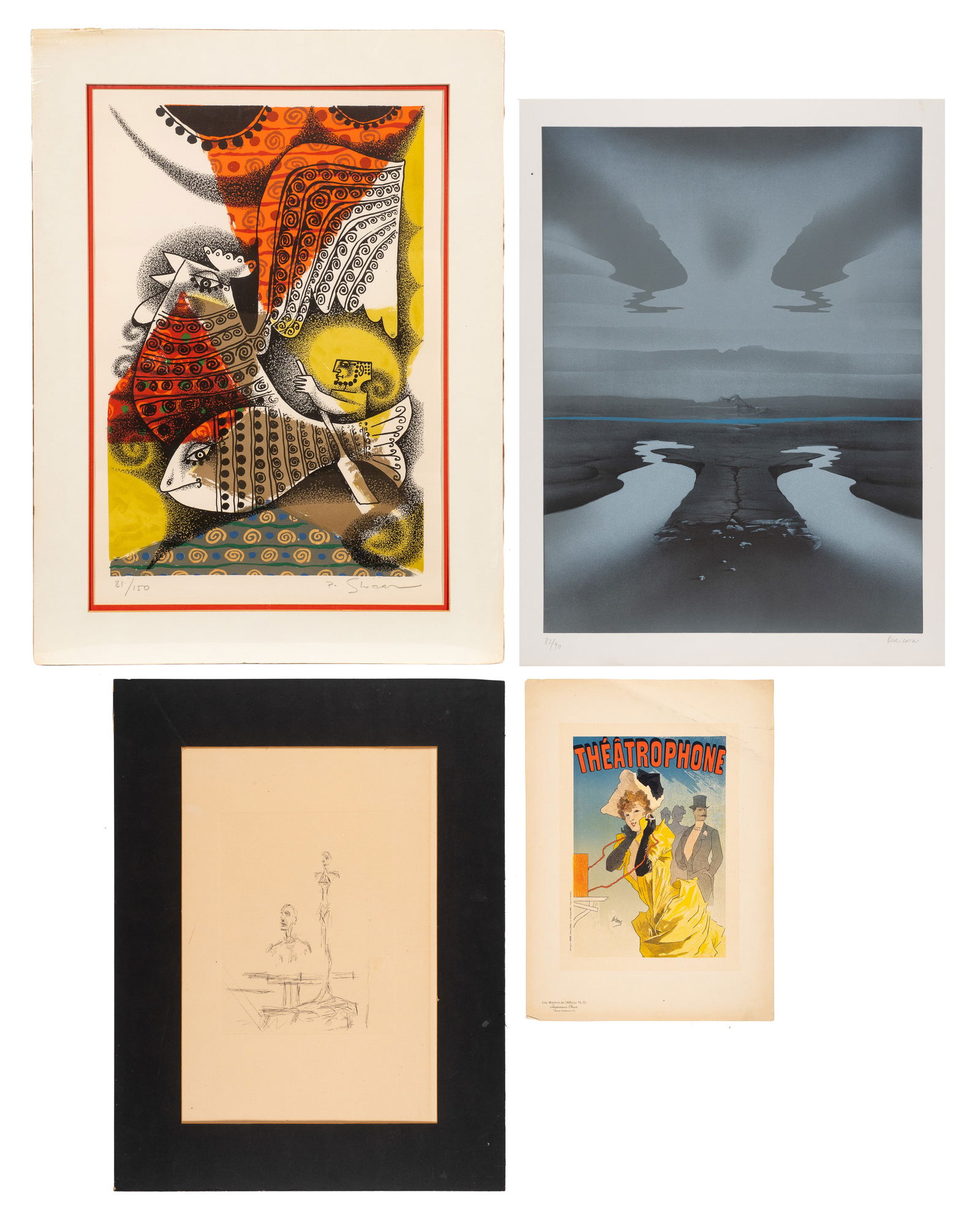 4 Prints - Maitres de l'Affiche, Giacometti, etc.: This lot contains four prints: Theatrophone from Les Maitres de l'Affiche (embossment, lower right); "The Search", an unsigned etching after Alberto Giacometti; a color lithograph by Pichas Shaar; and