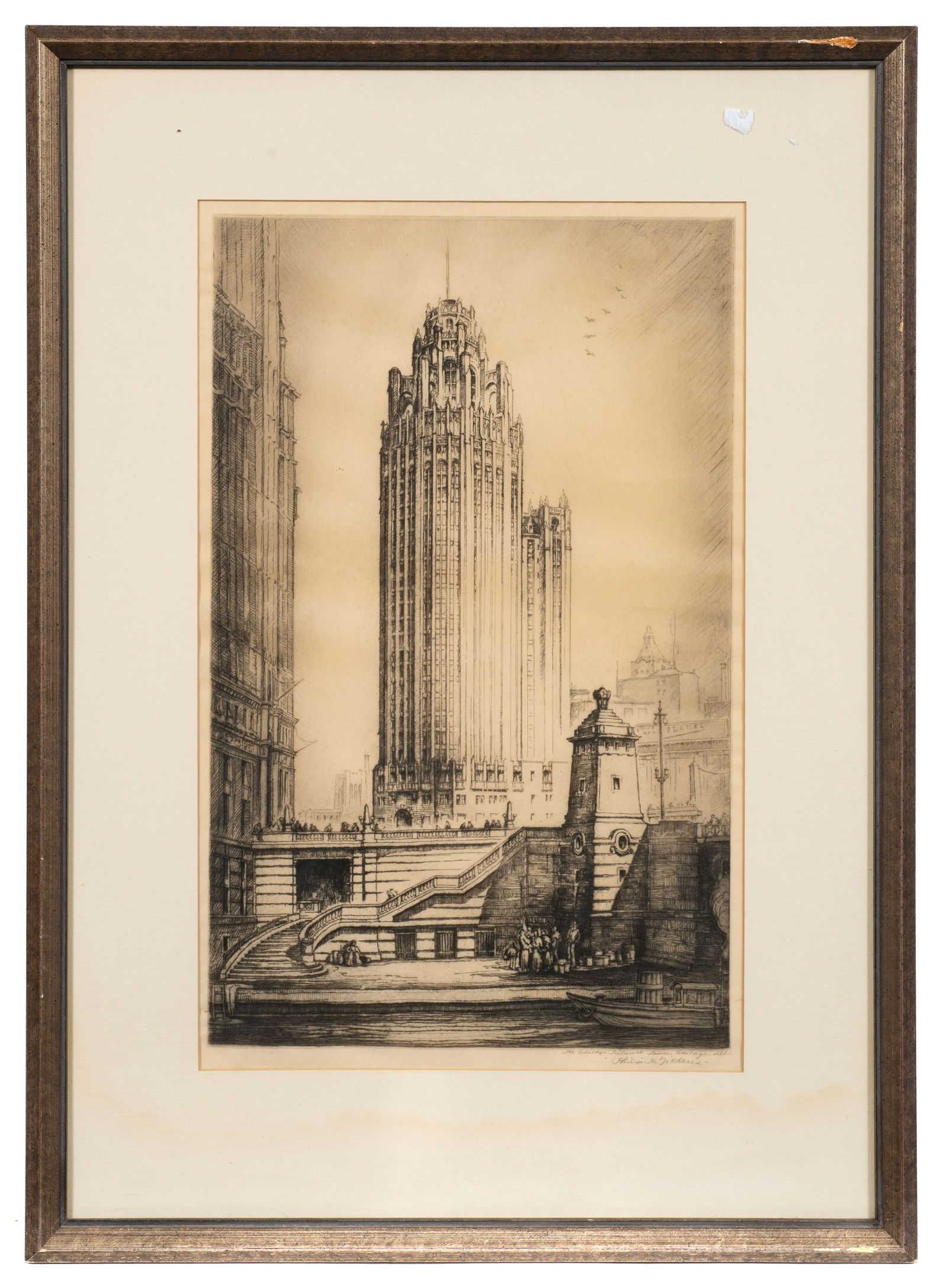 Chicago Tribune, Etching by Phillip Giddens.: Artist(s): Phillip Harris Giddens (American, 1898-1974). Medium: Etching. Signature(s): Pencil signed, lower right. Paperwork: Attached en verso is a label from Albert Roullier Art Galleries. Conditio