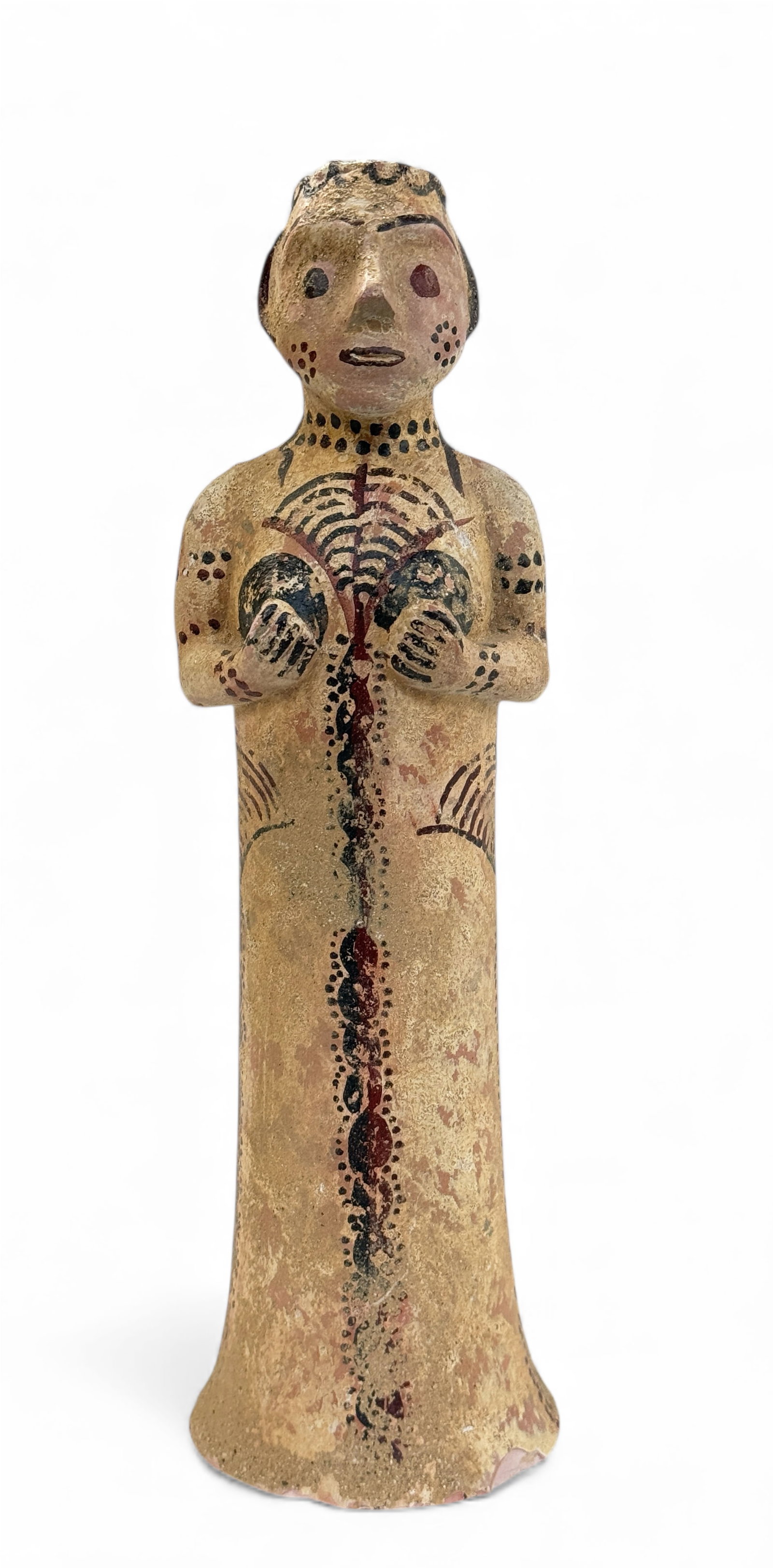 Anthropomorphic Figure of Woman, After Mycenaean.: The old terra cotta abstract figure of a woman is in the style of Mycenaean figures (1250-1180). It measures 11" x 3 1/2" x 3 1/2". There is some discoloration, stains, and sediment on the item, and s