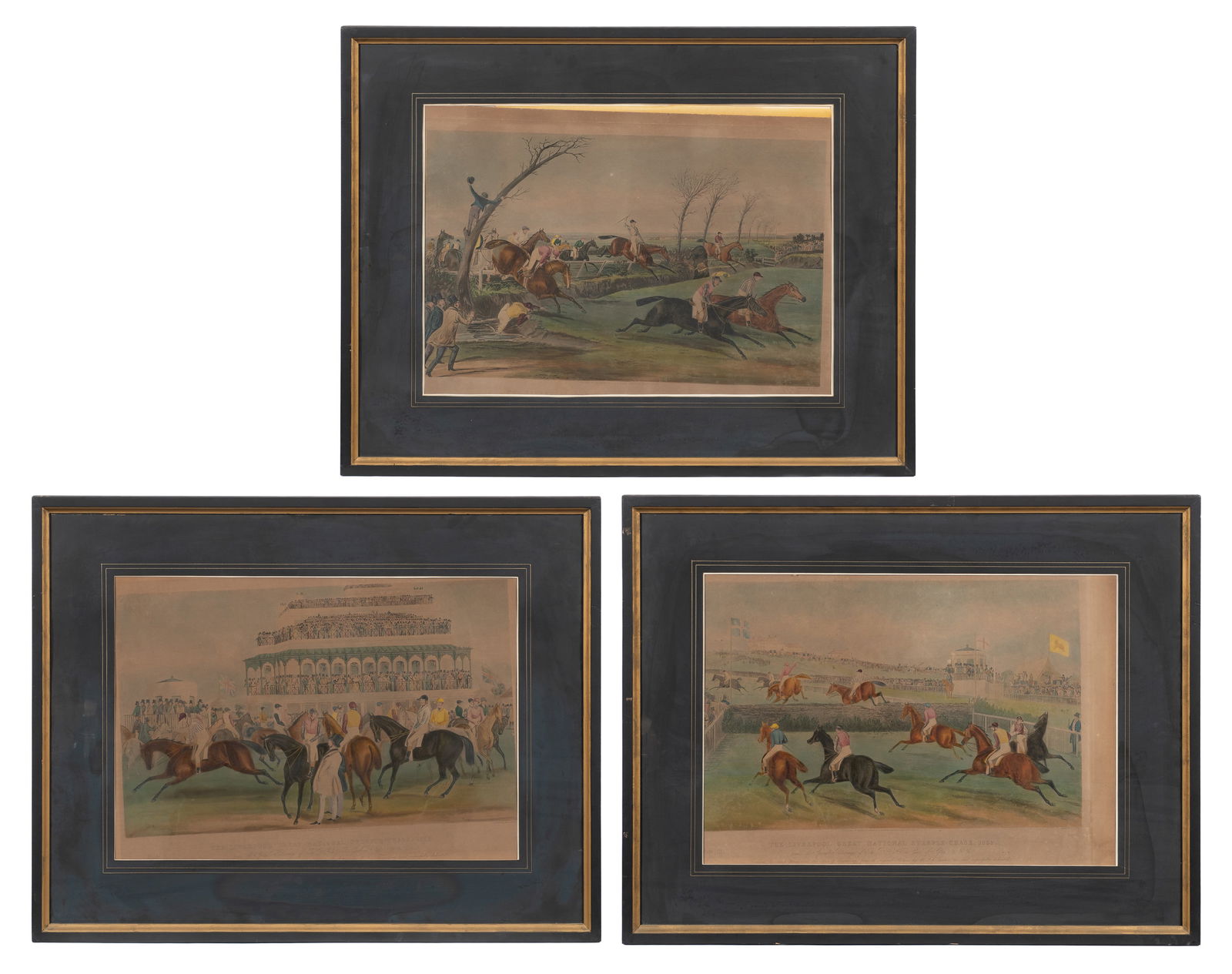 Three Antique Equestrian Engravings, John Harris.: This lot contains three large hand-colored engravings by J. Harris after F. C. Turner. Paperwork: N/A Condition: Most of the works have slipped in their frames. There is significant darkening of the s