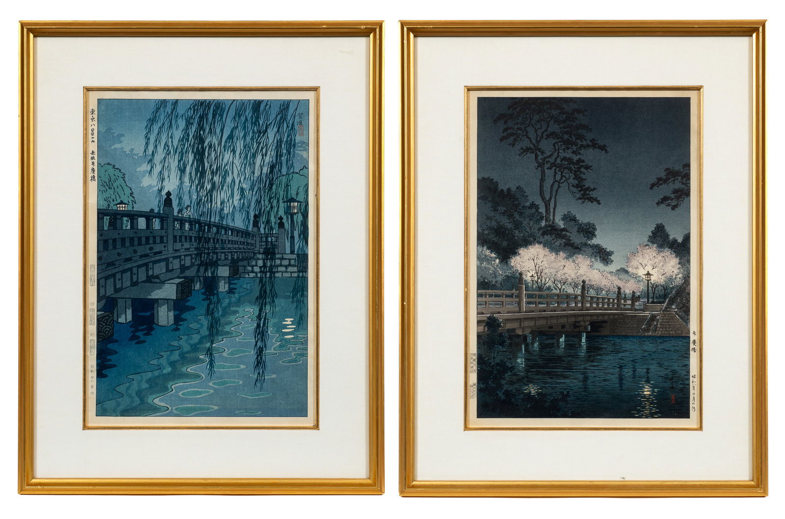 Woodblocks of Benkei Bridge - Kasamatsu & Koitsu.: This lot contains two nighttime japanese woodblock prints of Benkeibashi Bridge. The work with willow trees in the foreground is by Shiro Kasamatsu (Japanese, 1898-1991), and the work with blossoming