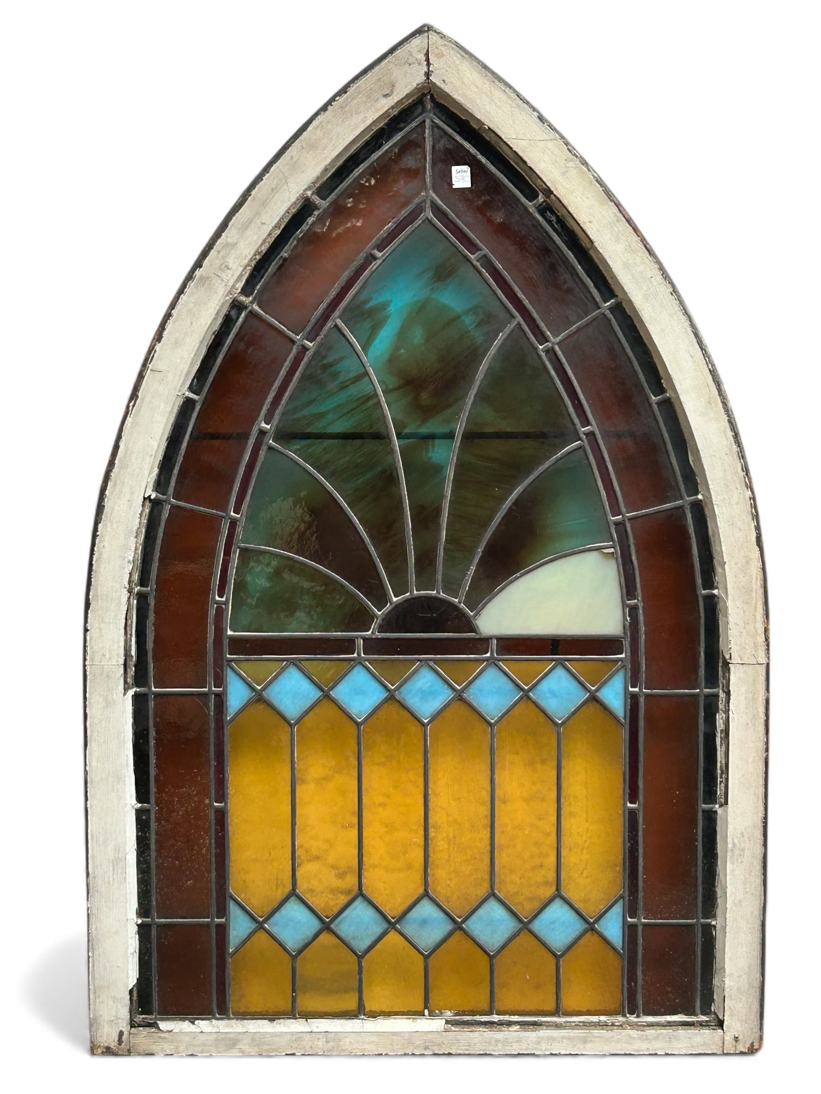 Antique Arched Stained and Leaded Glass Window.: The window has a worn wooden frame. One of the panels looks to be a replacement, and another couple of panels are cracked. Overall, it is in good condition for its age. It measures 51" tall and 34 1/2