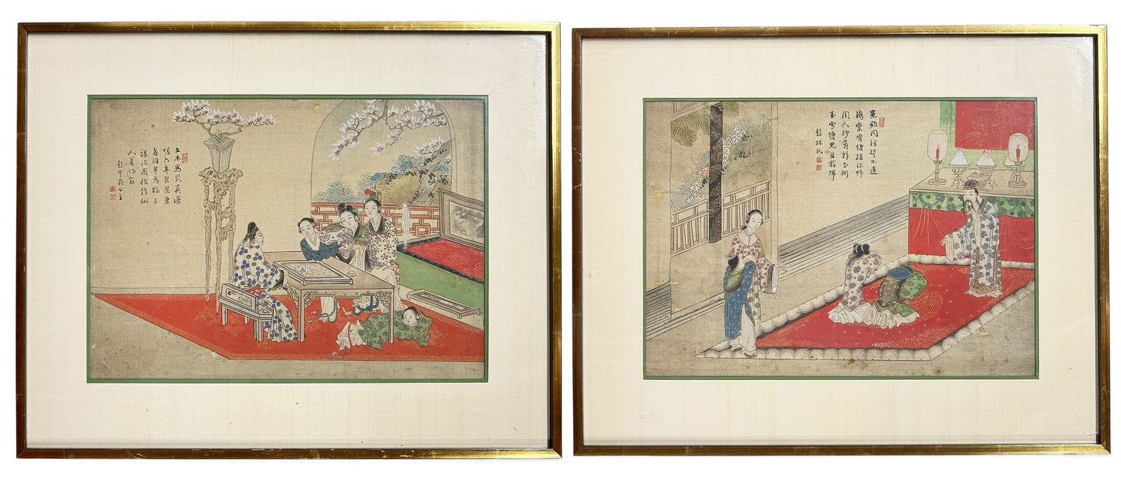 Pair of Late 19th Century Chinese Watercolors.: They are watercolors on silk. Both are artist signed, but the artist is unknown. The pair have some damage and spotting to the silk. The frames have some wear and minor damage. The viewable image size