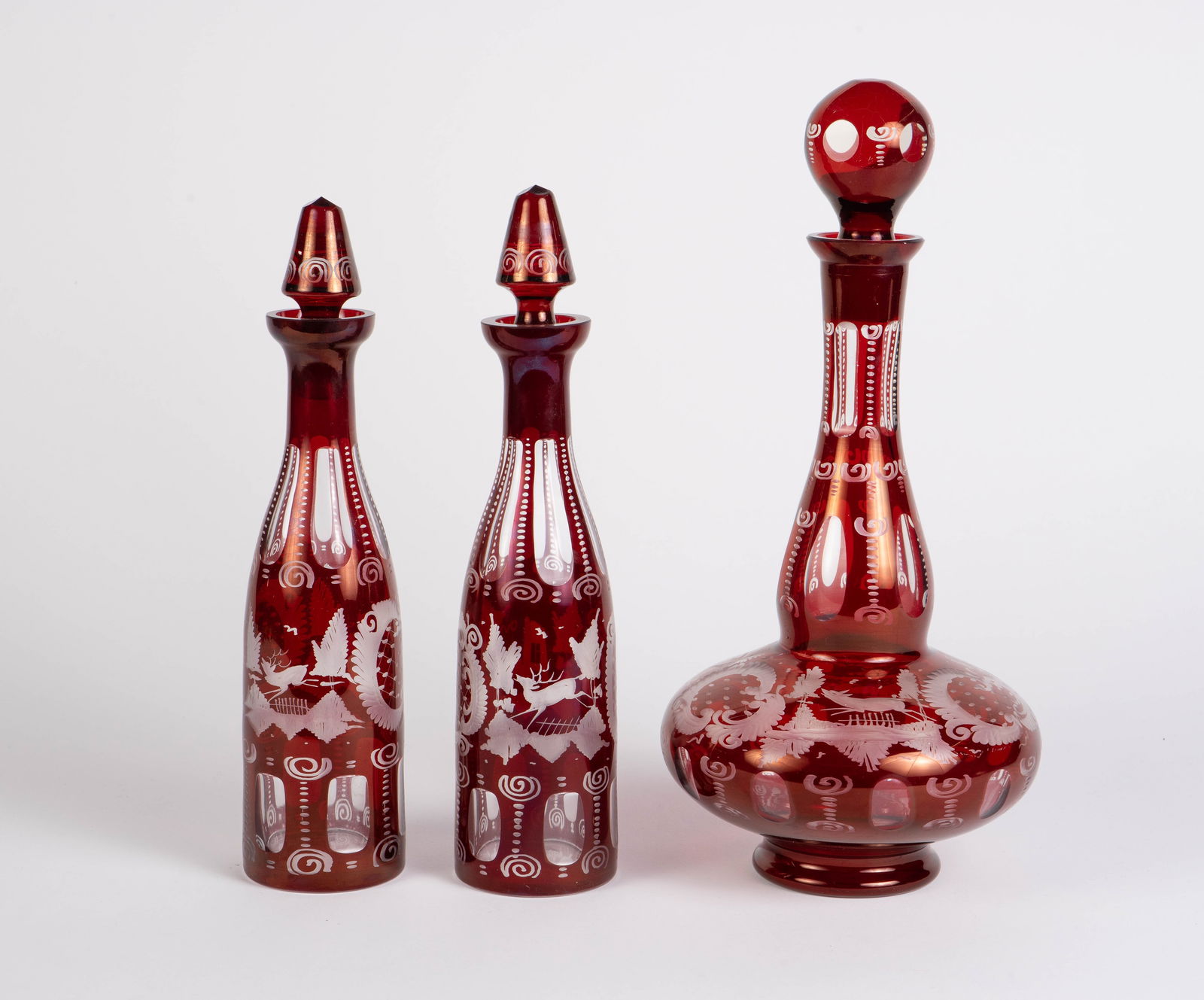 3 Bohemian Ruby Red Cut to Clear Decanters, Deer. (1 of 7)