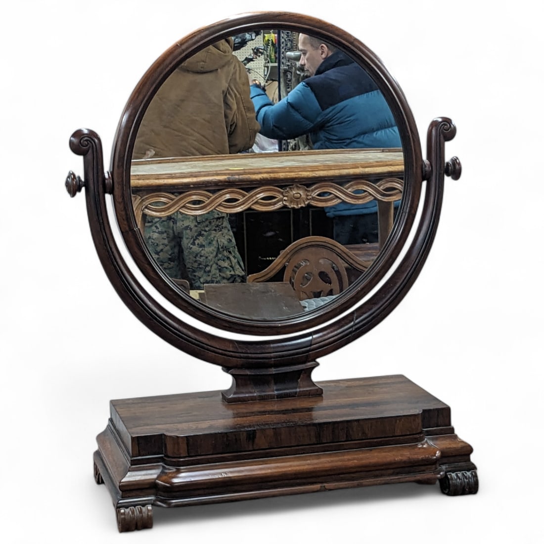Rosewood Tabletop Vanity Swing Mirror.: This beautiful antique mirror has a single drawer and sits on scrolled feet. It is manufactured by Joseph Loader (labeled inside the drawer). It is in great condition, with only a small mark on the mi