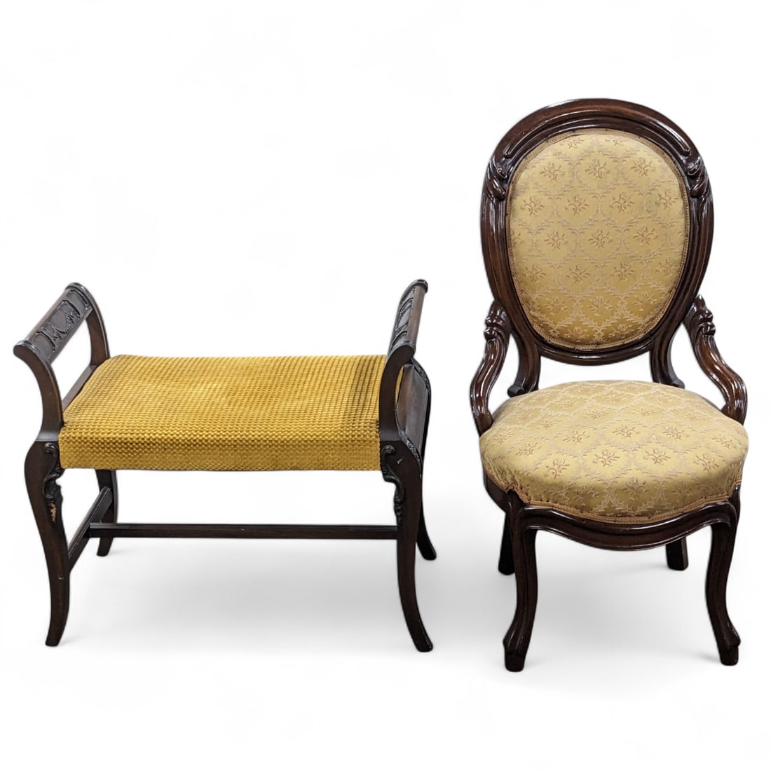 Upholstered Mahogany Side Chair and Bench. (1 of 3)