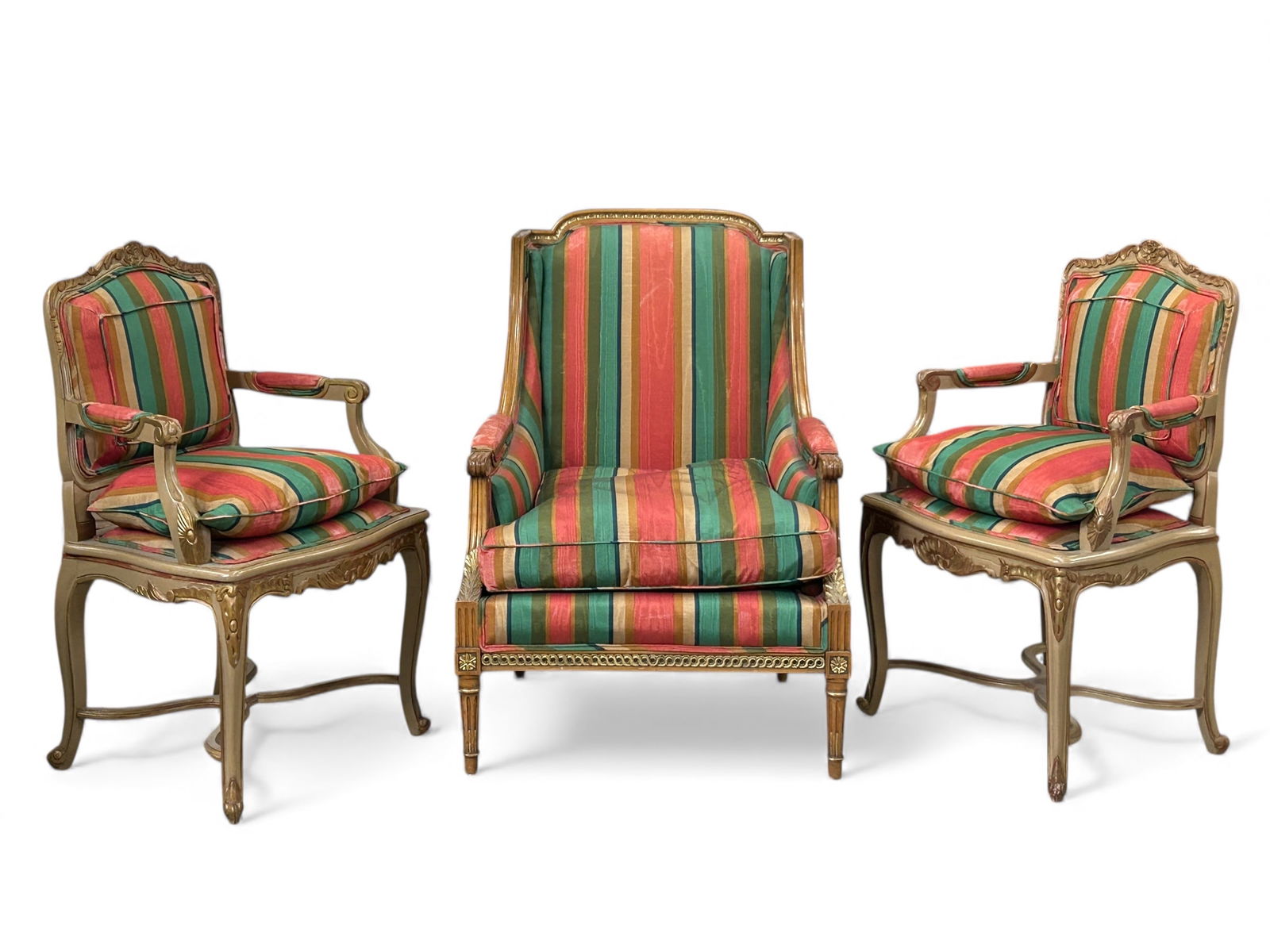 Three Carved and Upholstered Chairs. (1 of 20)