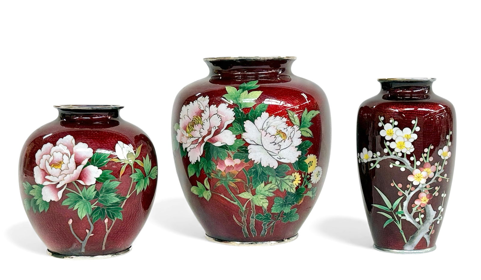 Set of 3 Japanese Cloisonne Enamel Red Vases.: They are in good overall condition. The tallest vase measures 7" tall and 5 3/4" in maximum diameter. The shortest vase measures 5 1/4" tall and 4 5/8" in maximum diameter. In-house shipping is availa