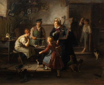 Family Woes, Antique Painting, Friedrich Ortlieb.