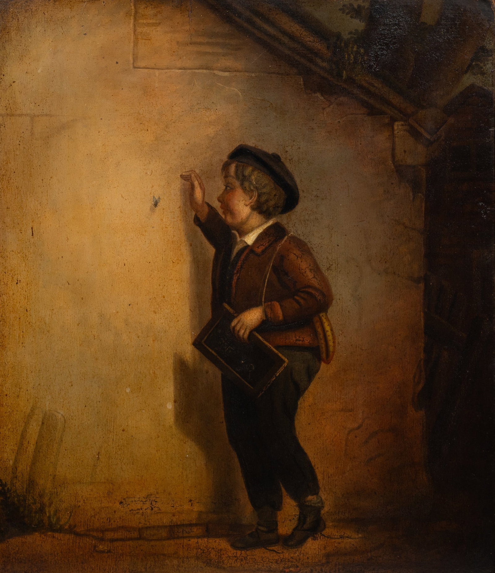 Copy of Robert Farrier's "The Young Truant".: Artist(s): Unknown, Copy after Robert Farrier (English, 1796-1879). Medium: Oil on board. Signature(s): Unsigned. Paperwork: N/A Condition: Crease (upper middle), craquelure, surface grime, and wear t