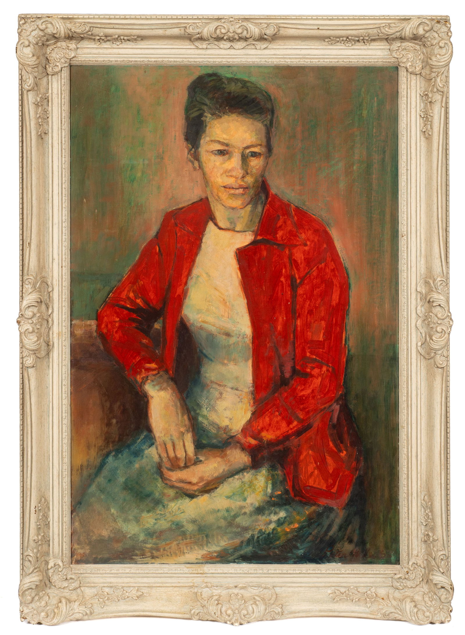 Mid-Century Portrait of a Woman, Signed.: Artist(s): Unknown, 20th Century. Medium: Oil on masonite. Signature(s): Partially legible signature, lower right: "Peter... '63". Paperwork: N/A Condition: Minor craquelure and scattered flecks of mi