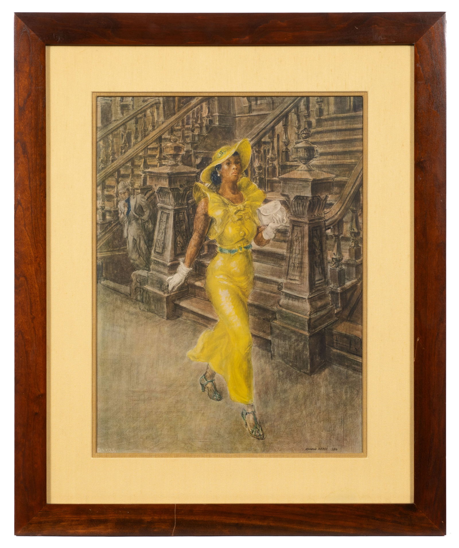 Print of "High Yaller" by Reginald Marsh.: Artist(s): Reginald Marsh (America, 1898-1954). Medium: Color lithograph. Signature(s): In-print, lower right. Paperwork: N/A Condition: Scuff to the print, upper middle. Minor wear to frame. Measurem