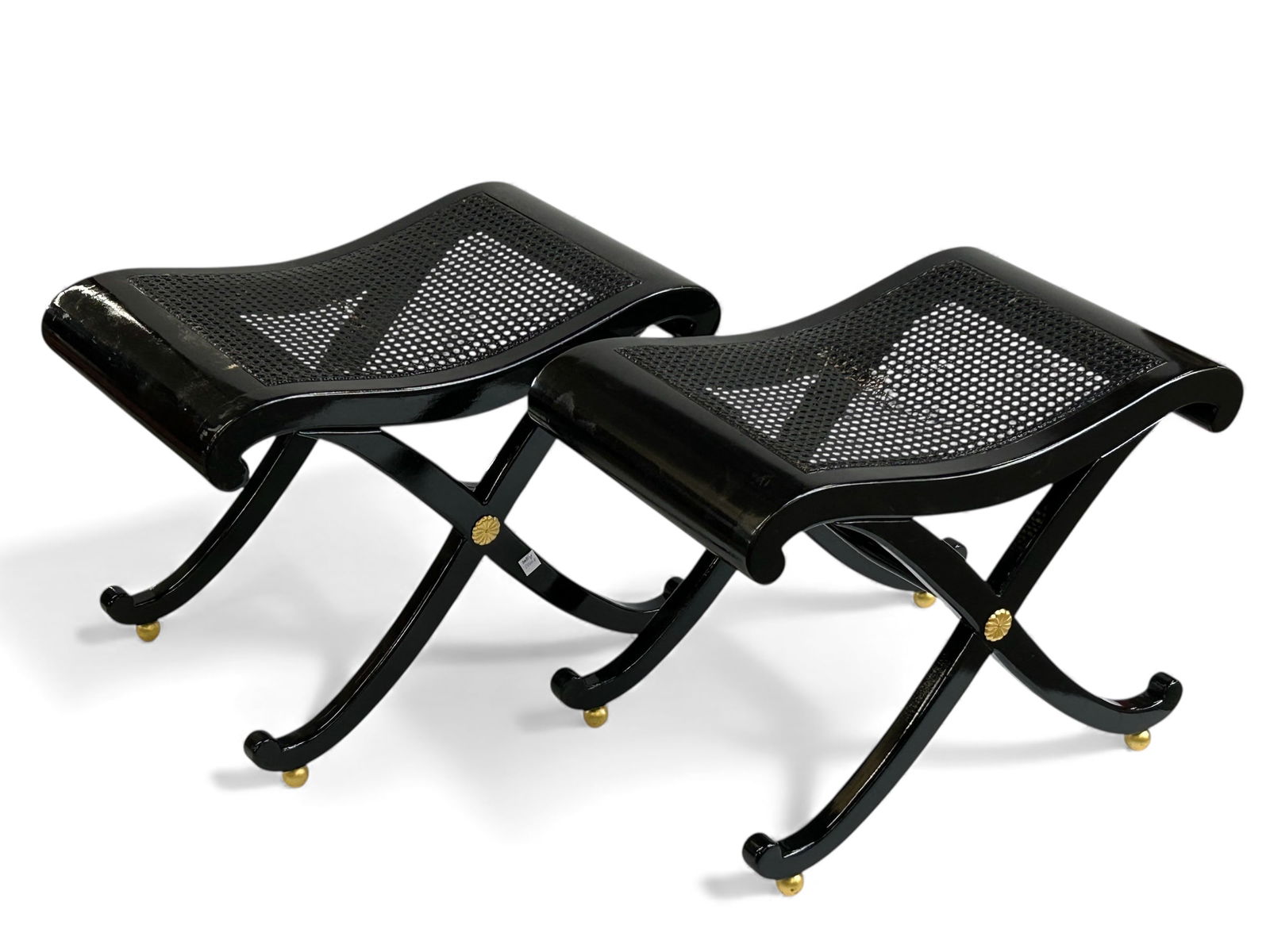 Pair of Black Lacquer & Cane Stools w/ X-Base. (1 of 15)