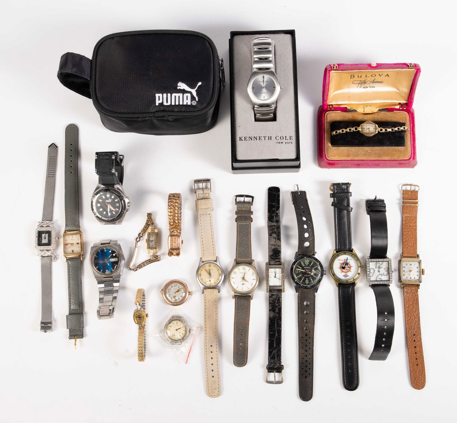 18 Mostly Vintage Watches - Gold Filled & Diamonds: The lot contains 18 watches for both men and women. The vintage watches included are Wittnauer Geneve with diamonds, Gruen gold filled with diamonds, Elgin Art Deco (missing band and crystal), Elgin g