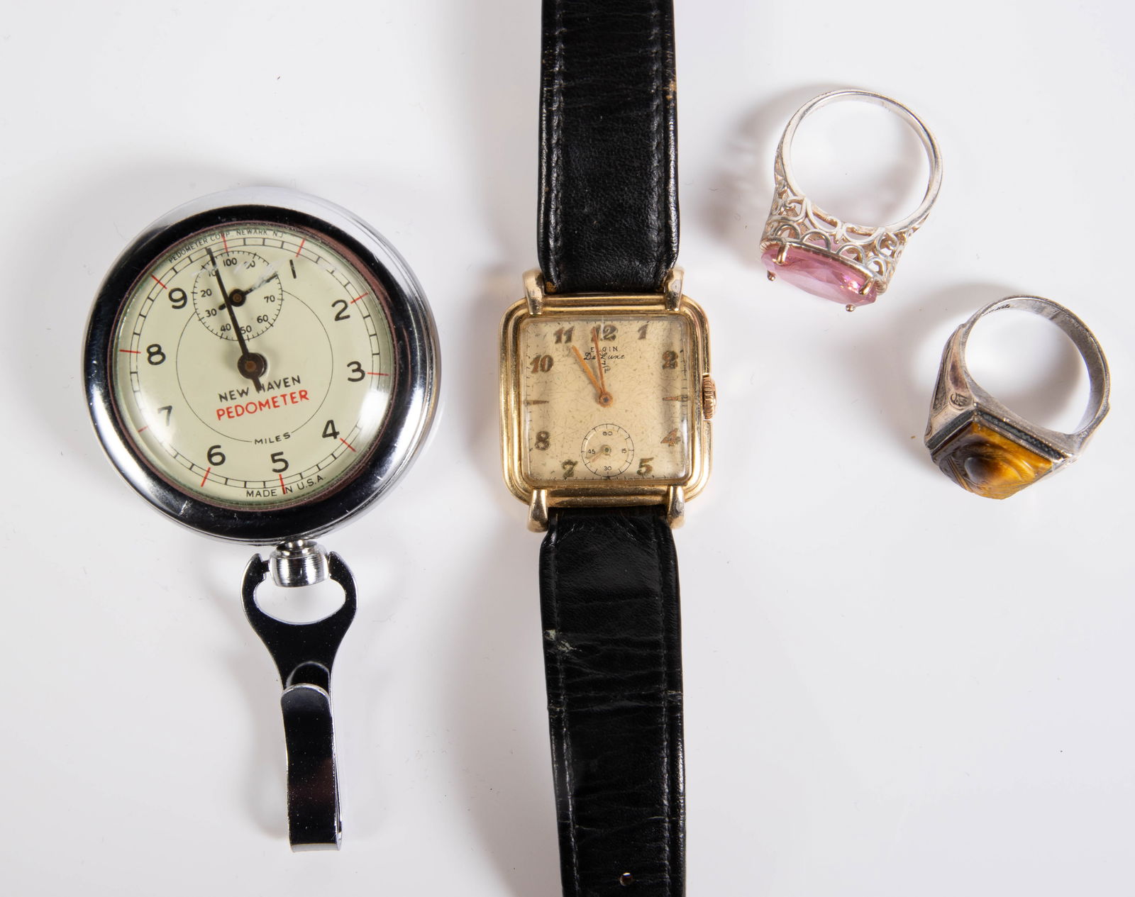 Lot: Sterling Rings, Elgin GF Watch, Pedometer. (1 of 8)