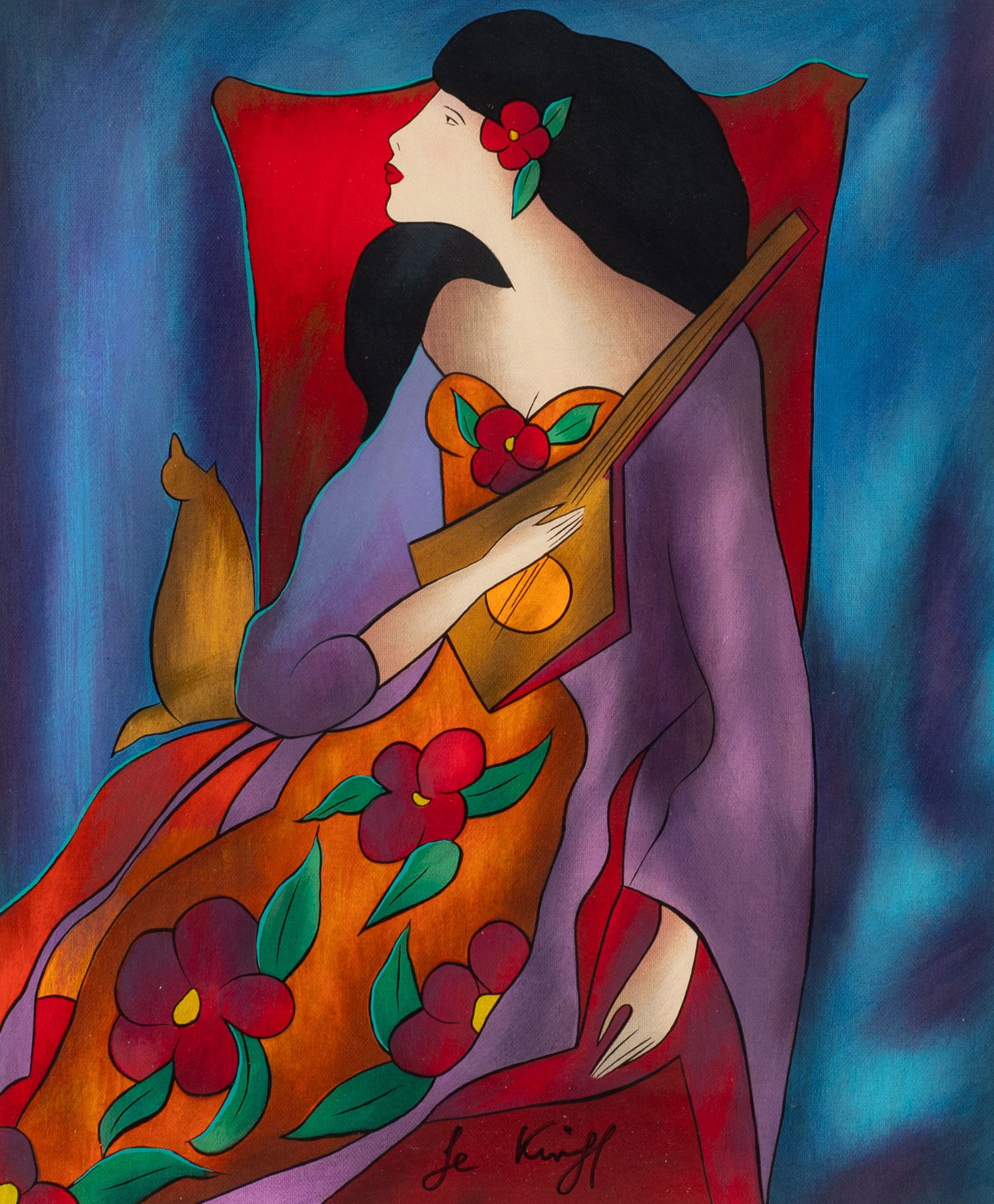 Serigraph of Woman with Guitar, Linda Le Kinff.: Artist(s): Linda Le Kinff (French, b. 1949). Medium: Serigraph on canvas. Signature(s): Signed in ink, lower right. Numbered 16 out of 65 in its lower margin. Paperwork: N/A Condition: Pigment transfe