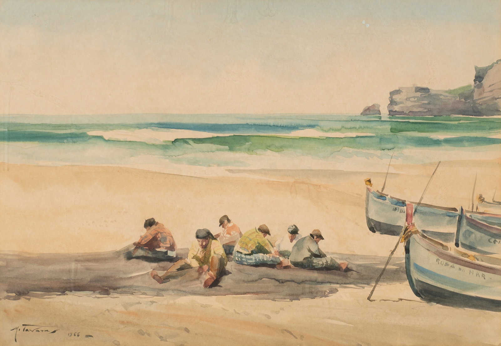Mending the Nets, Watercolor by Manuel Tavares.: Artist(s): Manuel Tavares (Portuguese, 1911-1974). Medium: Watercolor painting. Signature(s): "M. Tavares, '66", lower left. Paperwork: N/A Condition: Signs of toning and scattered creasing. Surface g