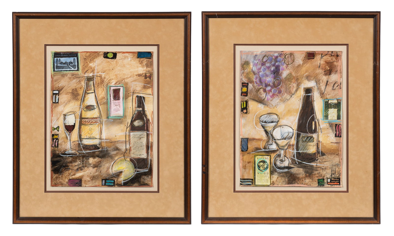 Lot of Two Collage Artworks by Tanya Fischer.: Artist(s): Tanya Fischer (20th Century). Medium: Mixed-media collage. Signature(s): Both are signed in ink, lower right. Paperwork: N/A Condition: Signs of warping due to how the work is mounted. Scra