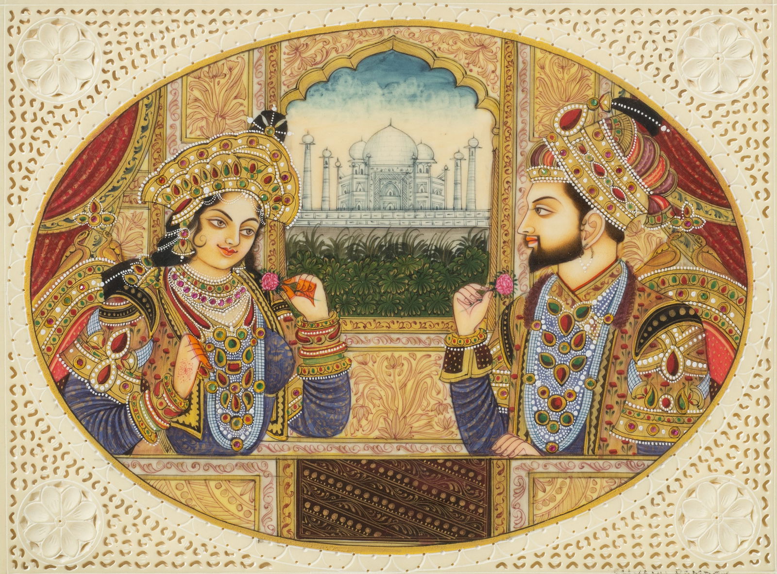 Painting of Mumtaz Mahal & Shah Jahan, Ramdev.: Artist(s): Shyamu Ramdev (Indian, 20th Century). Signature(s): Signed lower right. Paperwork: N/A Condition: Good overall condition, with minor wear to the frame's corners. Measurement(s): 5 1/2" x 7