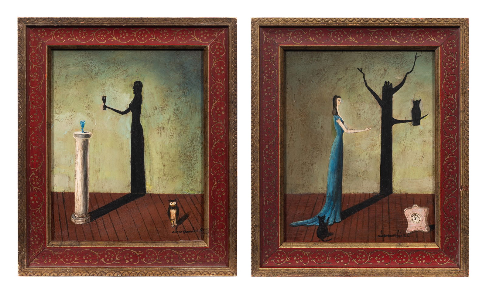 Pr. of Surrealist Paintings, Style of Abercrombie.: Artist(s): Unknown, done in the STYLE of Gertrude Abercrombie. Medium: Oil on masonite. Signature(s): Both bear signatures after Abercrombie, lower right. Paperwork: N/A Condition: Signs of surface gr