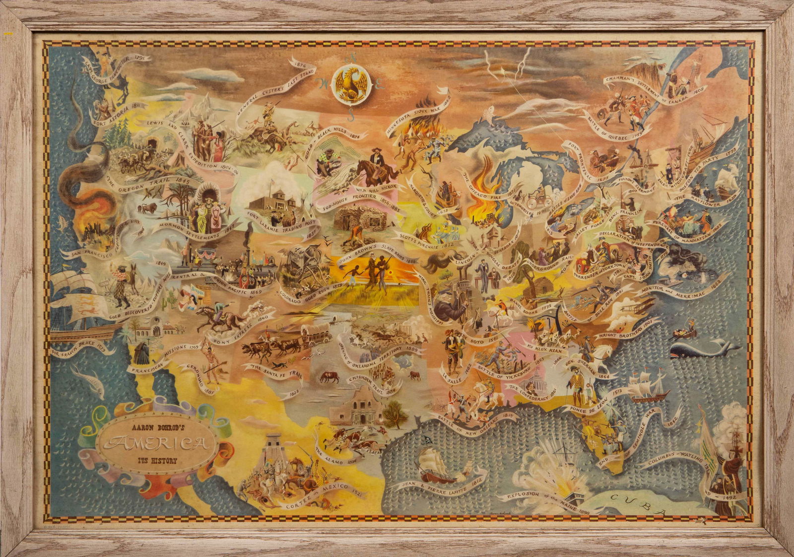 1946 Pictorial Map American History Aaron Bohrod.: This framed lithograph of Aaron Bohrod's America Its History was first published in 1946 by the Associated American Artists (AAA). The piece has yellowed, and it has some scuffs and stains. The frame
