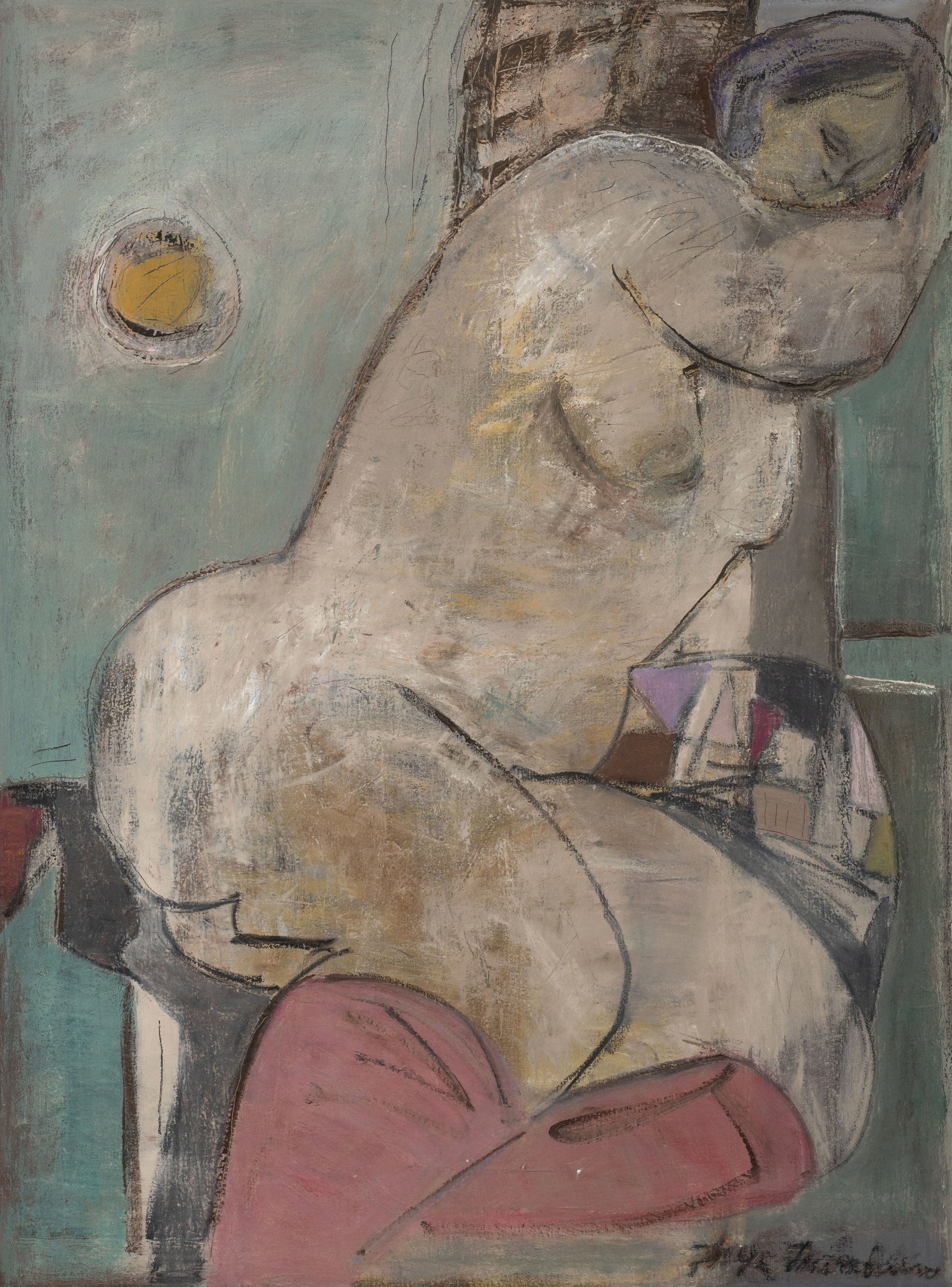 Red Stockings, Nude Painting by Faye Franklin.: Artist(s): Faye Franklin (American, 1921-2012). Medium: Oil on canvas. Signature(s): Lower right. Paperwork: Attached en verso is an artist label dated from 1979. Condition: A few scuffs, mainly to th