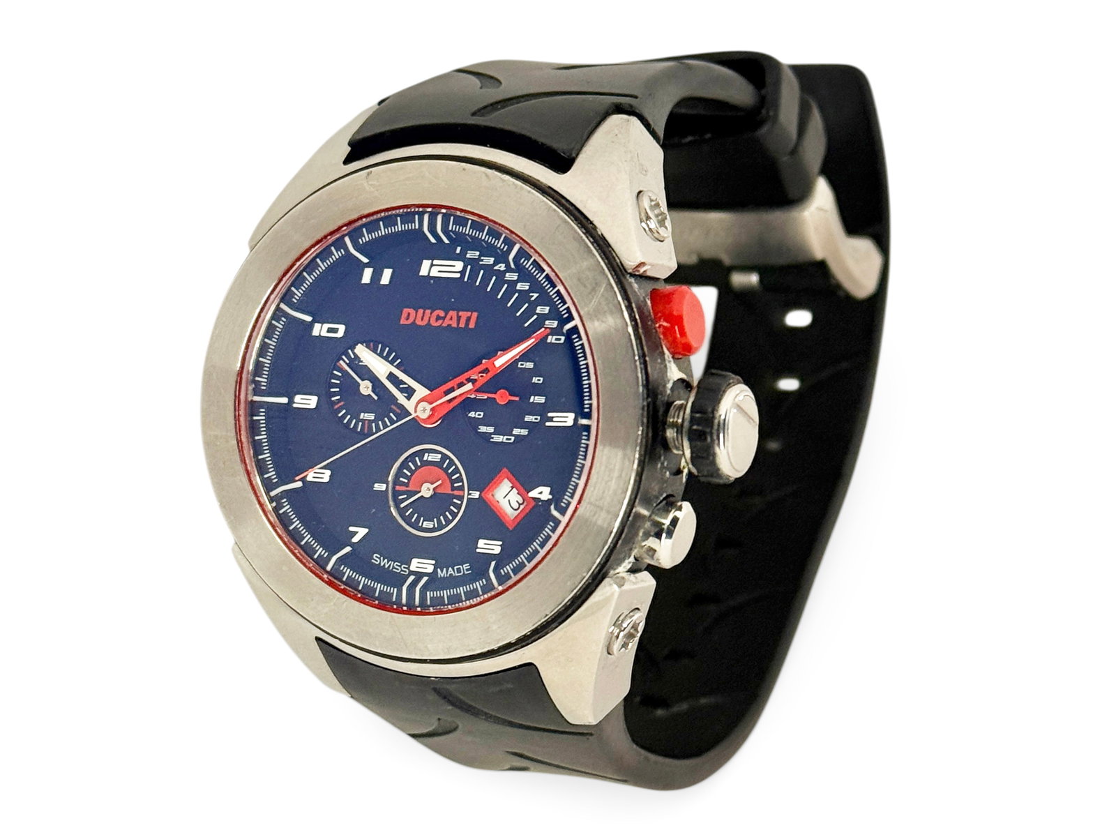 Ducati Chronograph Quartz Mens' Watch.: The mens' Ducati wristwatch is model number CW0002. The stainless steel case measures 44mm in diameter. The watch is not running and likely needs a new battery. There are some scratches and stains on 