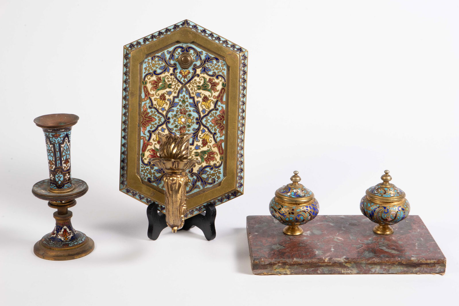 Lot: Champleve - Inkwell Set, Sconce, Candlestick.: There are some signs of surface wear and use, but overall, the lot looks to be in good condition. The largest item measures 8 1/2" x 5 3/8" x 4 3/4". The smallest item measures 5 3/4" tall and 2 3/8"