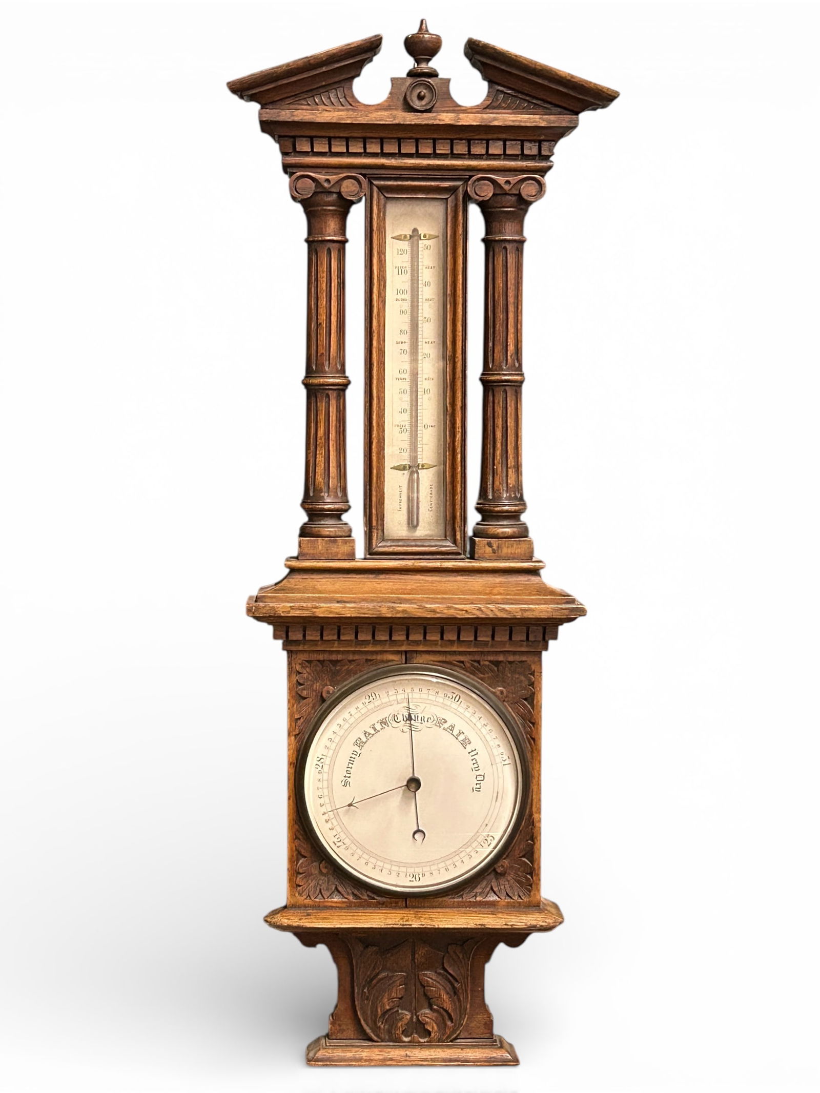 Antique Carved Wood Barometer Thermometer. (1 of 10)