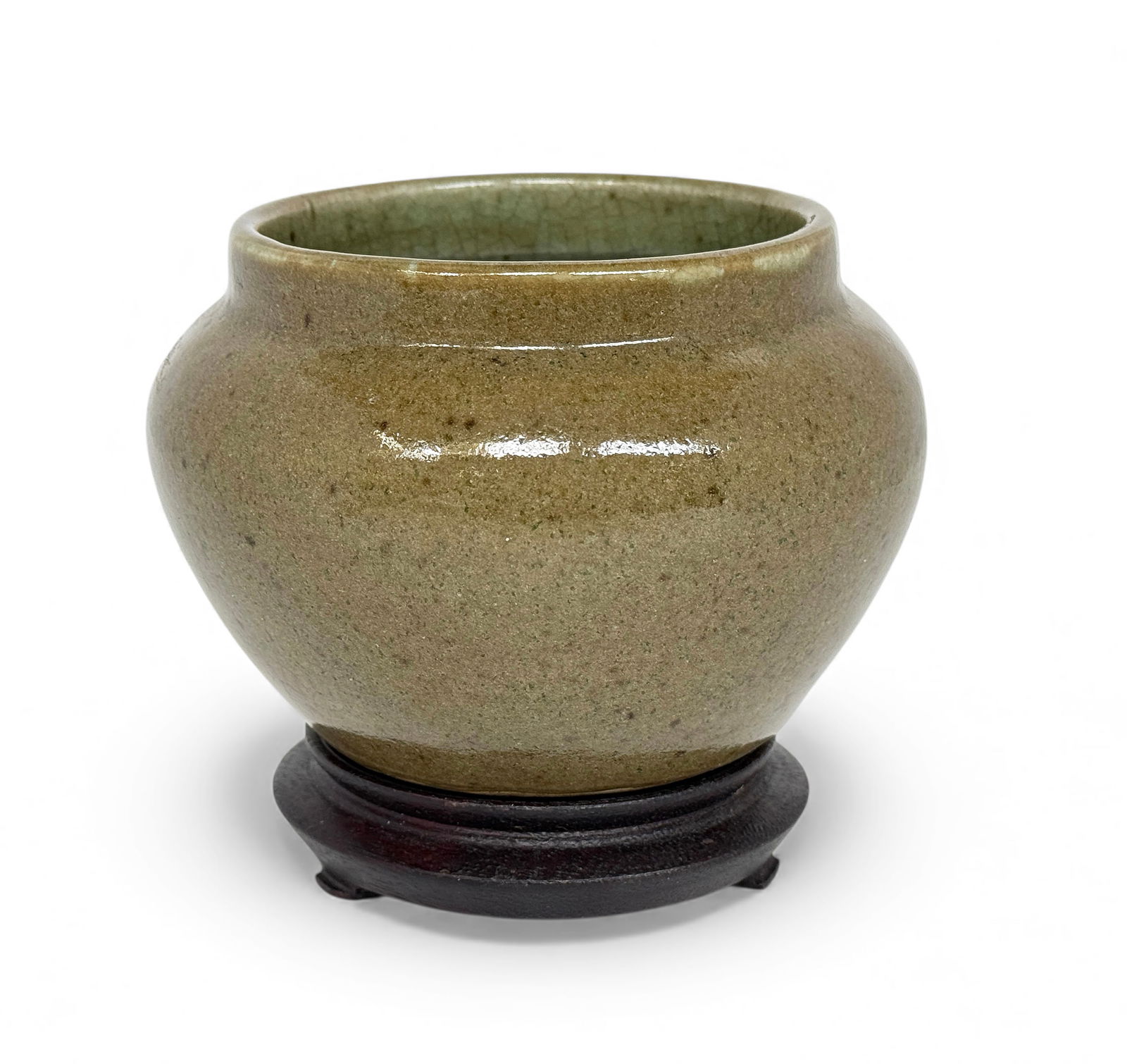 Chinese Qing Dynasty Celadon Brush Washer.: This brush wash pot is unsigned, and looks to be in good overall condition. It comes with a stand. It measures 4" tall and 5 3/4" in diameter. In-house shipping is available. Please see our website re