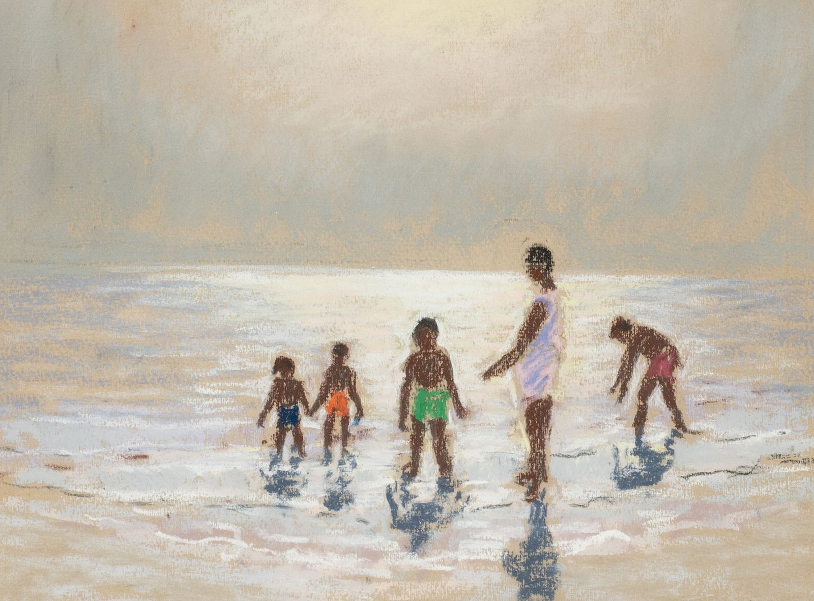 Family at the Beach, Pastel by Melville Stark. (1 of 5)