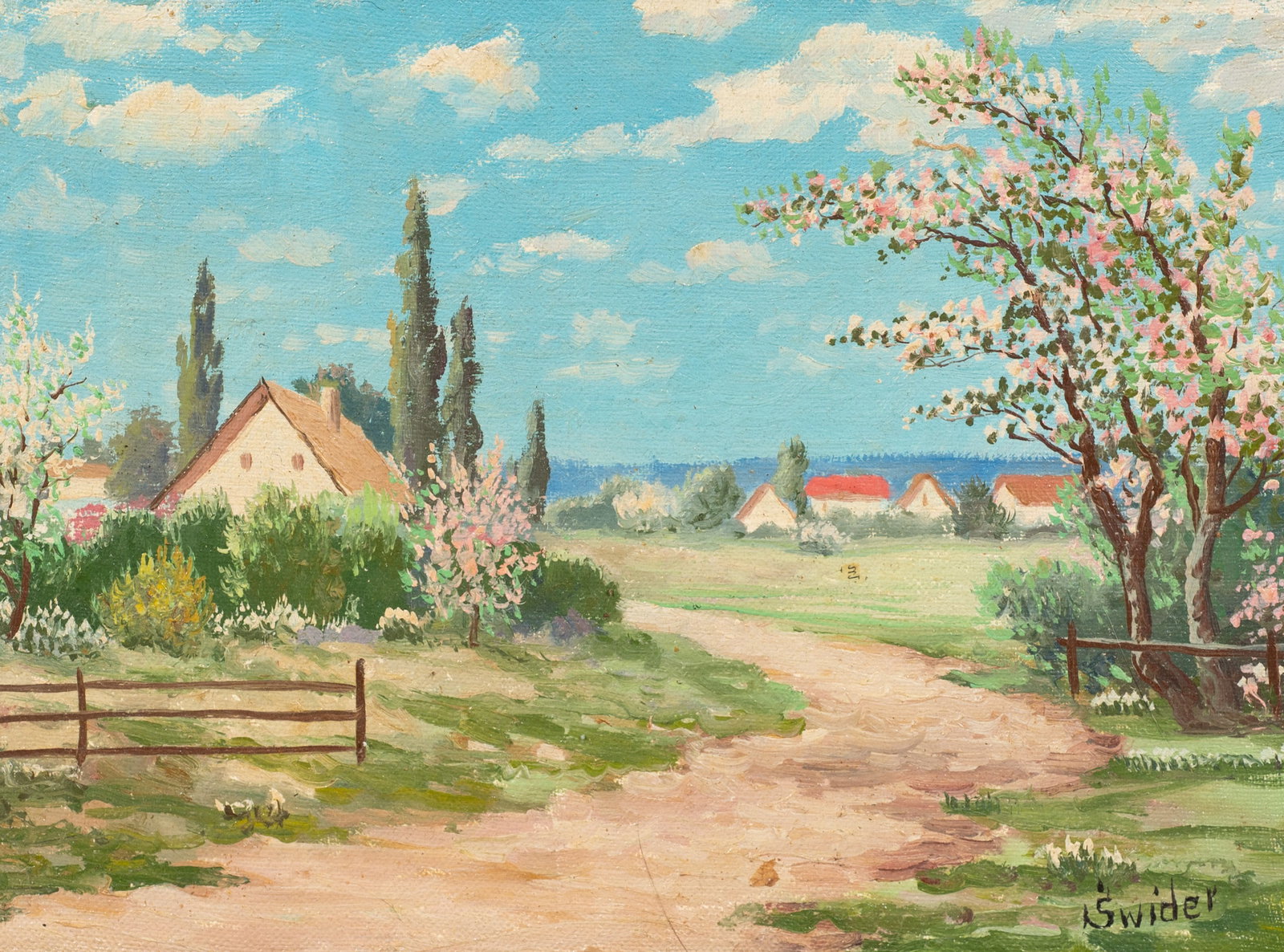 Bucolic Village Scene, Leopold Swider.: Artist(s): Leopold Swider (Polish, 20th Century) Medium: Oil on canvas mounted to board. Signature(s): "L. Swider", lower right. Paperwork: N/A Condition: Surface grime to the work. Cracks to the fram