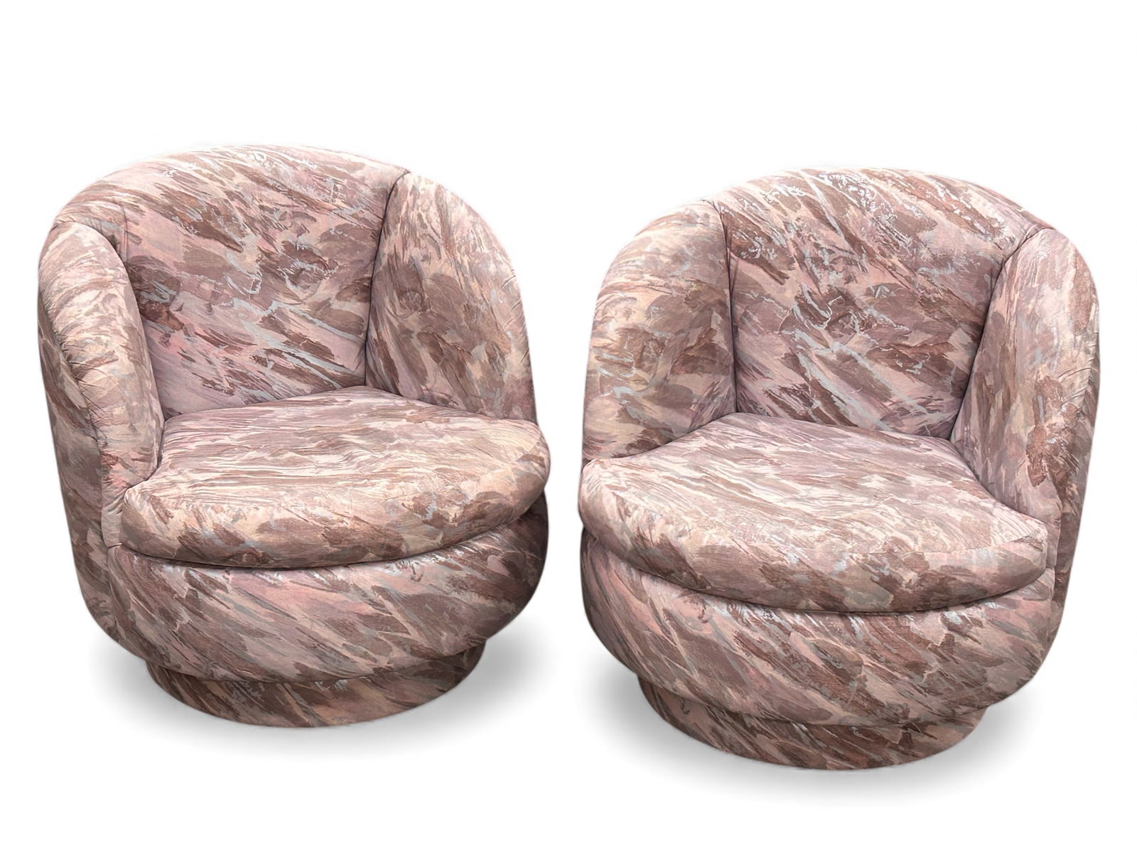 Pair of Thayer Coggin Swivel Chairs.: These barrel lounge chairs have pink floral upholstery. They are in great condition. Each chair measures 30" wide, 28" deep, and 29" tall. Third-party freight shipping or personal pickup is required.