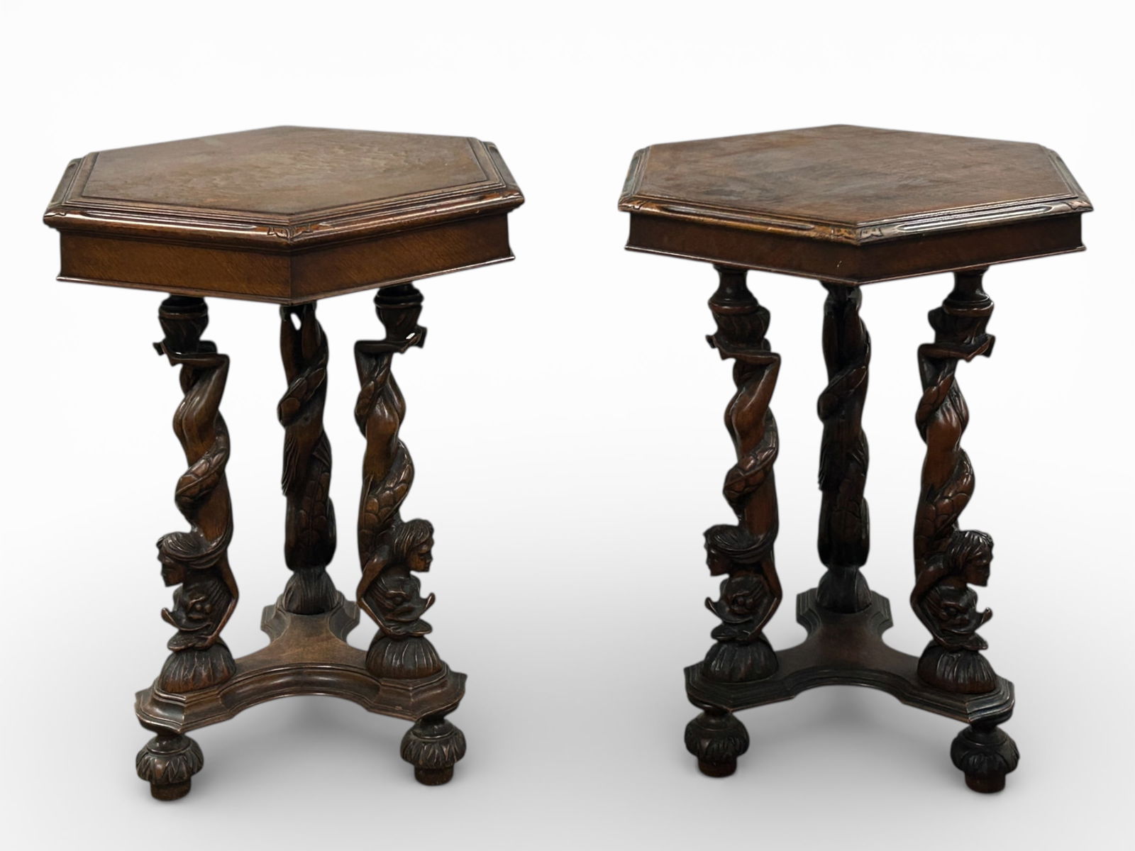 Pair of Carved Octagonal Figural Side Tables. (1 of 10)