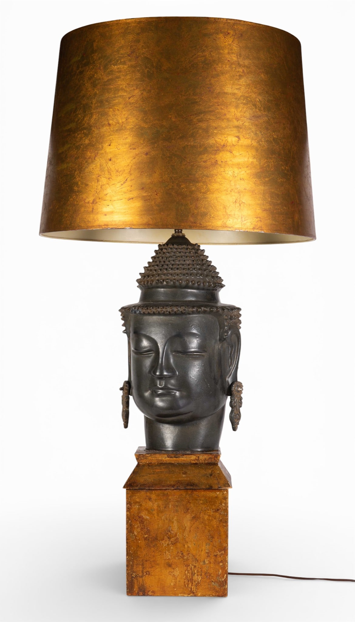41" Frederick Cooper ? Buddha Head Lamp.: This lamp has a gold tone base and gold tone shade. There are some nicks and chips, but overall, the piece looks to be in good condition. The lamp measurements are 11" x 9 1/2" x 40"; the shade measur