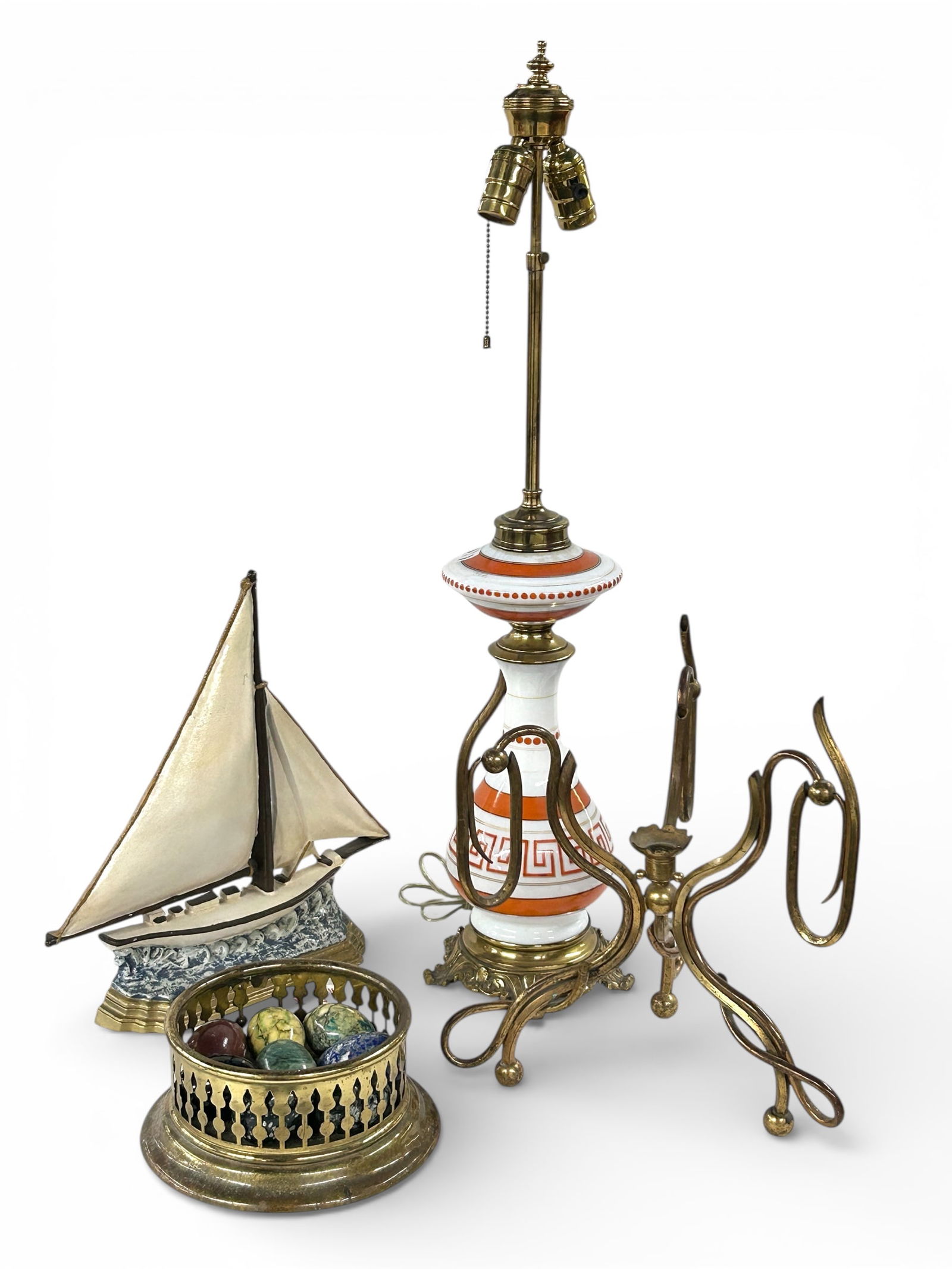 Lot: Sailboat Doorstop, Stone Eggs, Painted Lamp. (1 of 16)