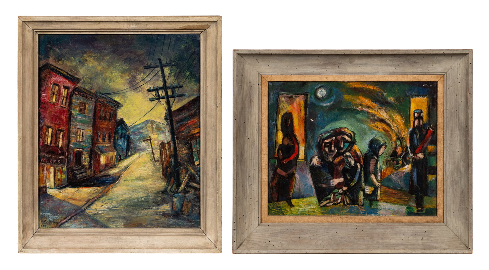 Two Mid-Century Paintings - Victor & Pillsbury.: This lot contains two mid-century oil paintings on canvas. One of a figural gathering, signed "Victor", and dated from 1951. The other is a street scene by Mary Pillsbury. Paperwork: N/A Condition: Cr