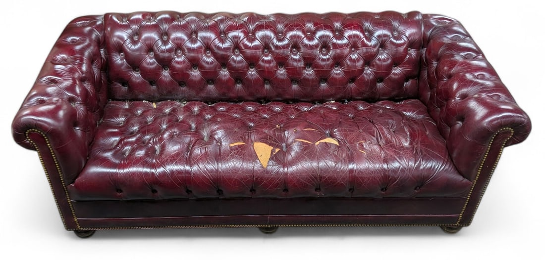 Red Leather Chesterfield Sofa, As Is. (1 of 3)
