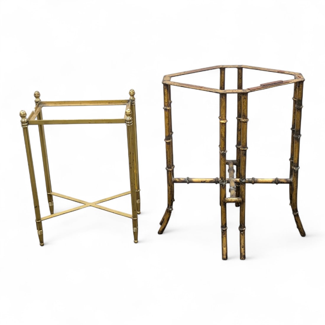 Two Vintage Gilded Metal Table Bases.: Both of these metal accent tables are missing their tops. There is a smaller rectangular table with an X stretcher, and a larger faux bamboo gilt iron table. The bamboo table is worn. The smaller tabl