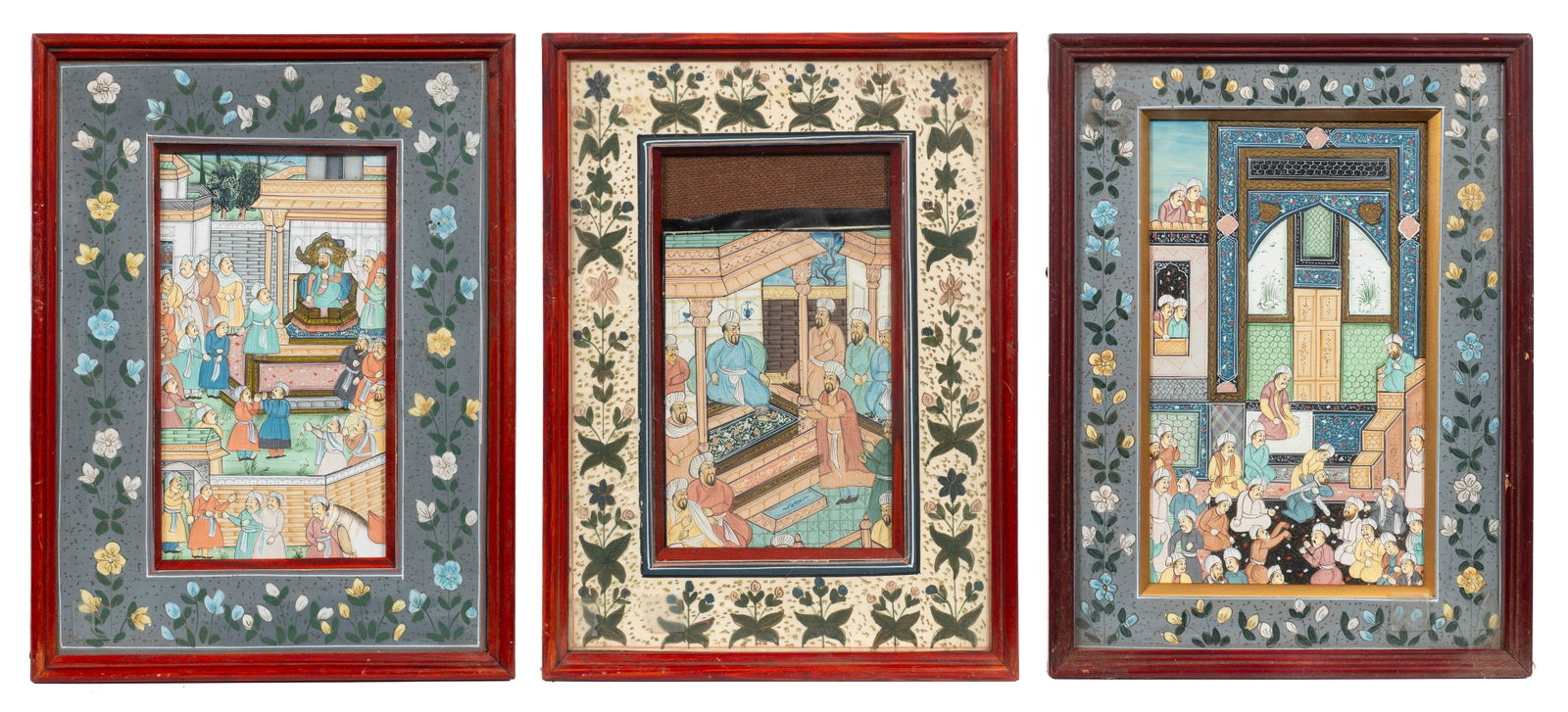 Lot of Three Indian Mughal Style Paintings.: Paperwork: N/A Condition: Signs of rippling to the paintings. The works are slipping in their frames. Scratches to their frames. Measurement(s): 12 1/2" x 9 1/2" (frames). In-house shipping is availab