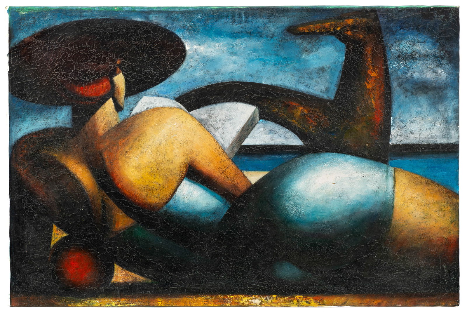 Cubist Painting of Reclining Woman, Unsigned.: Artist(s): Unknown. Medium: Oil on canvas. Signature(s): Unsigned. Paperwork: N/A Condition: Unframed. Craquelure and surface grime. Measurement(s): 24" x 36". In-house shipping is available. Please s