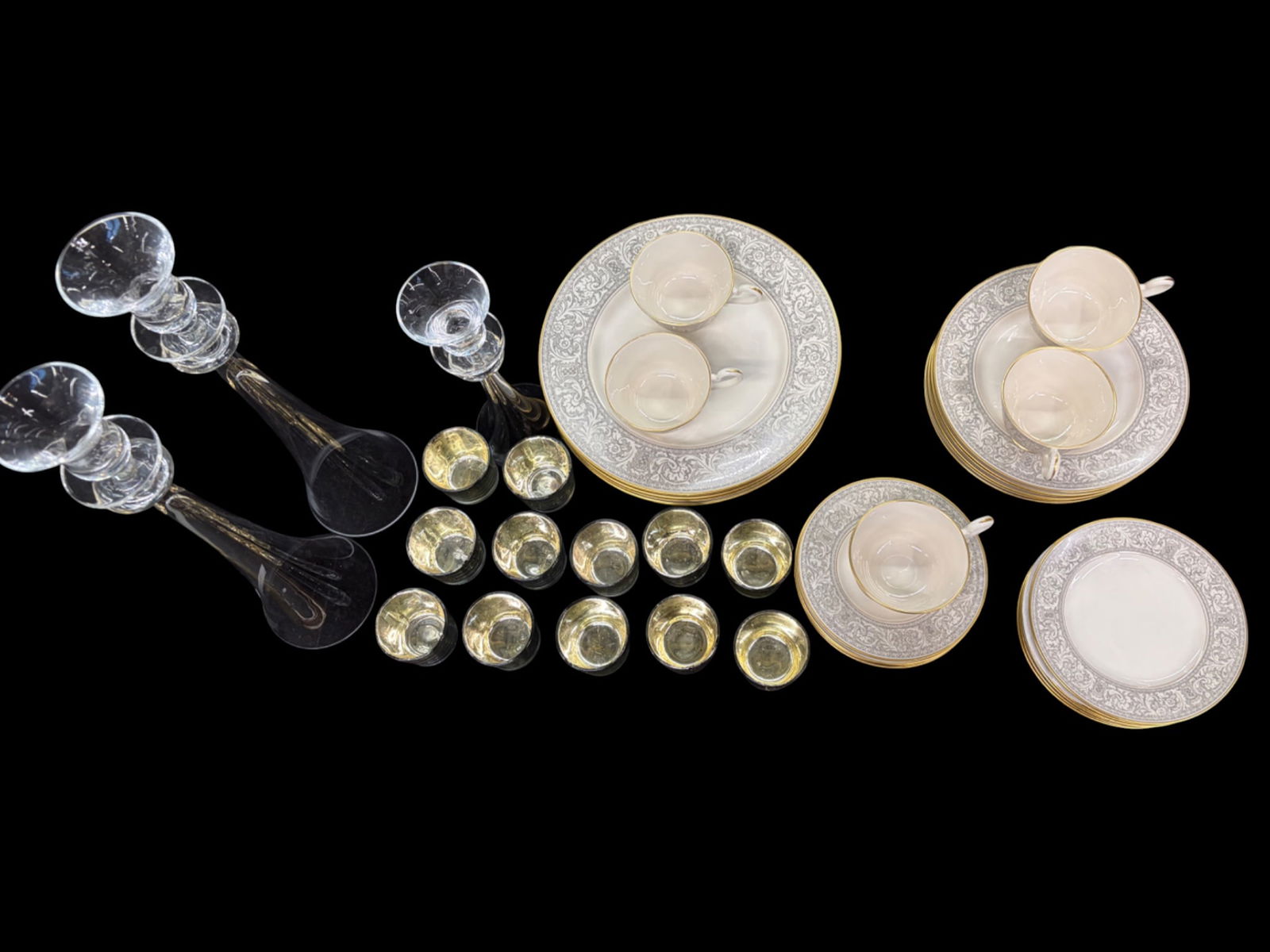 Glass Votives, Franciscan "Grey Renaissance" China: The Franciscan "Grey Renaissance" china set serves five, and includes the following: 5 dinner plates, 6 salad plates, 6 bread and butter plates, 6 saucers, and 5 teacups. Also included are a set of th