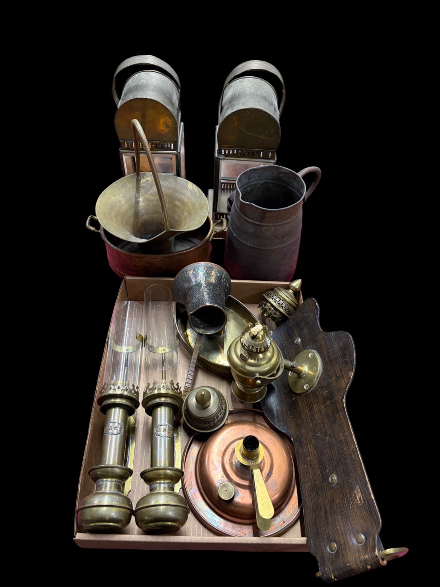 Lot of Vintage Brass & Copper- Railroad Lamps, etc: The lot is made up of brass, copper, and other metal items. They include sconces, railroad lanterns, pitchers, and more. Some items look to be in better cosmetic condition than others, but overall, th