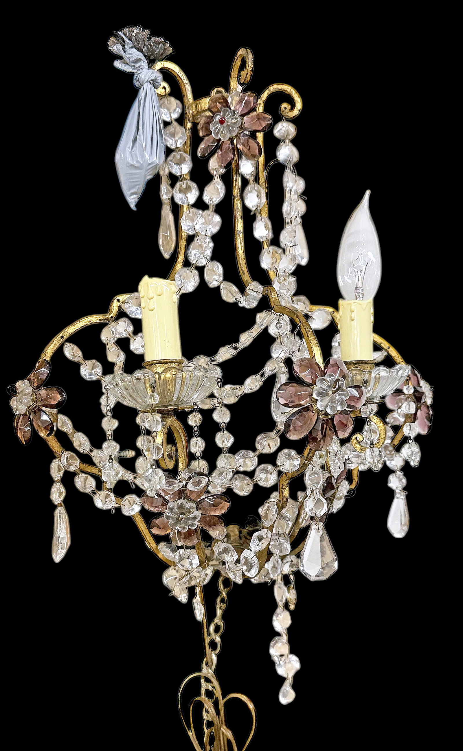 Vintage Gilt Metal & Crystal Wall Sconce w/ Flower (1 of 2)