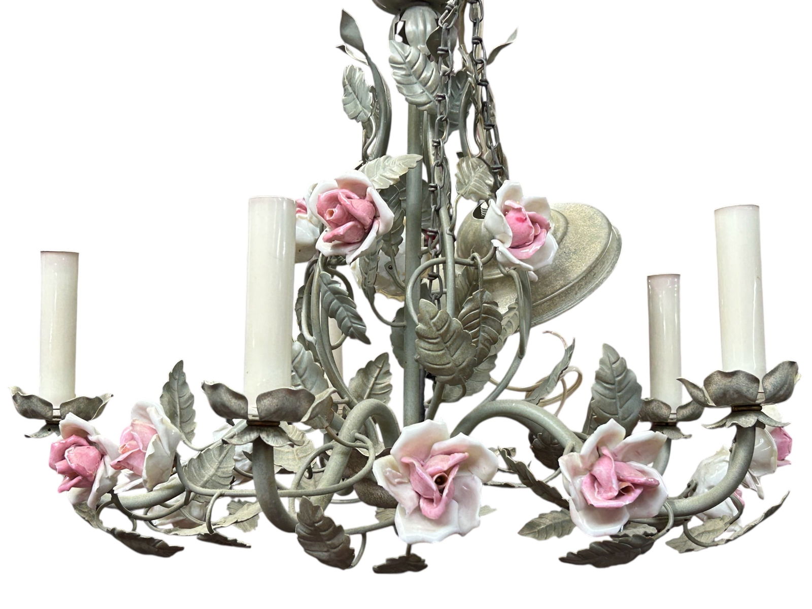 Ceramic and Toleware 5-Arm Chandelier.: The vintage chandelier features delicate ceramic or porcelain roses and tole leaves and vines. The tole is painted a light green with brushed gild shimmer. It measures 13 1/2" x 18" x 18" (not includi